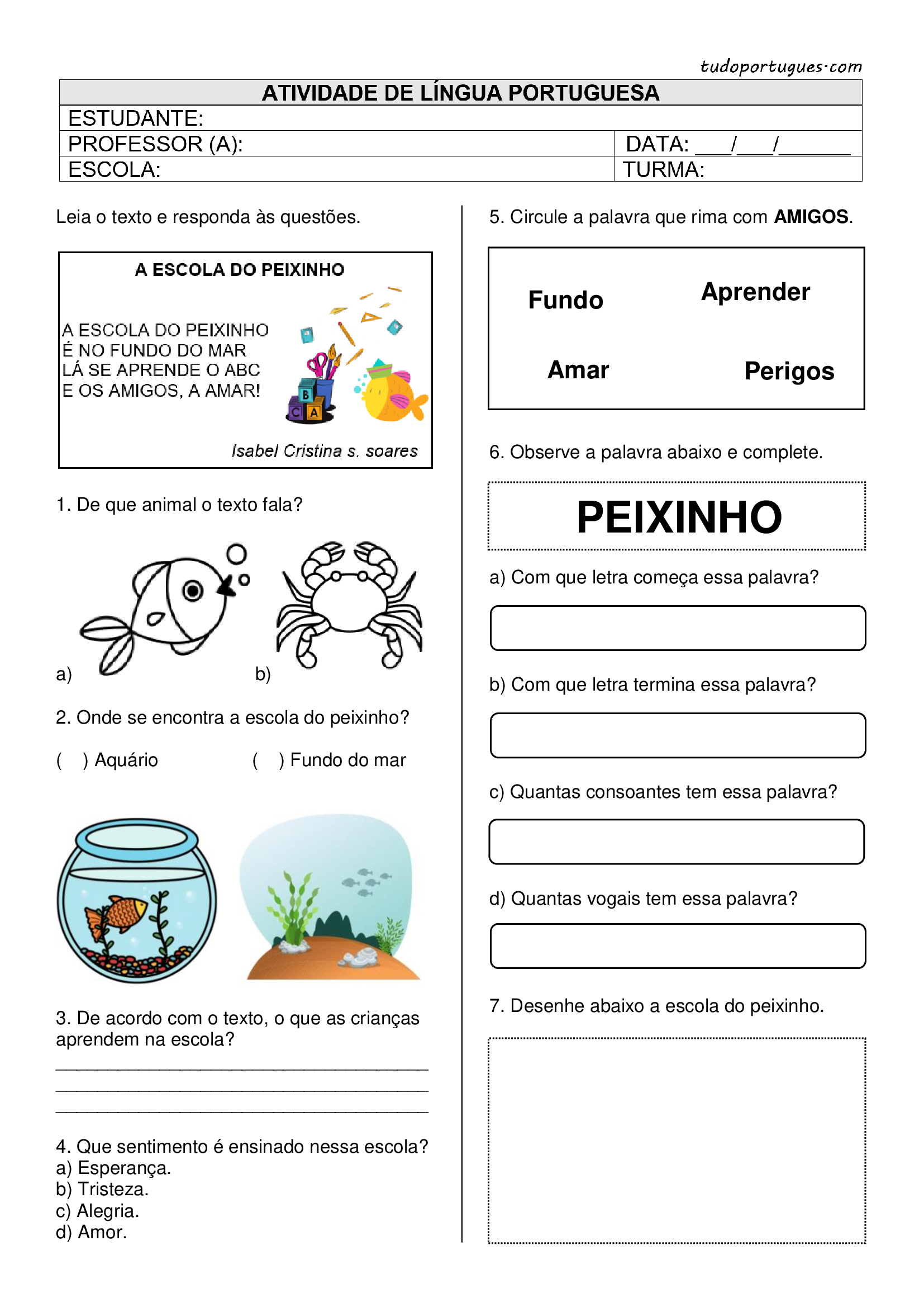 Atividades de Interpretação para 1° ano