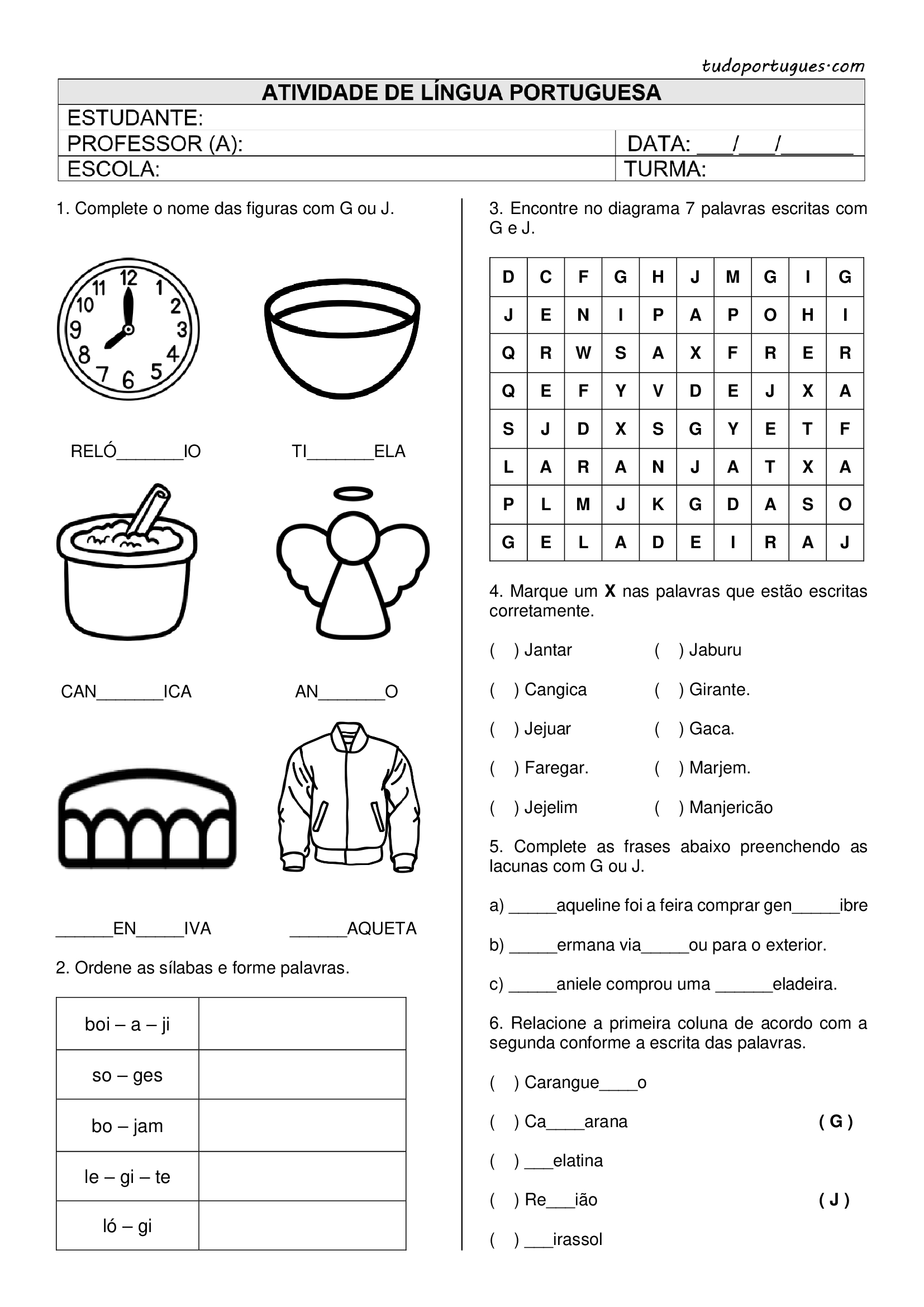 Atividades de Português - 4º ano e 5º ano