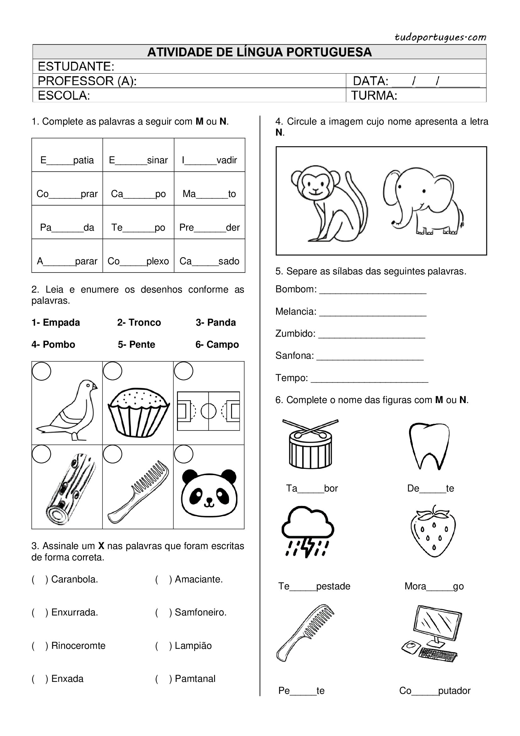 atividades de ortografia com m ou n para imprimir complete as palavras -  Didática