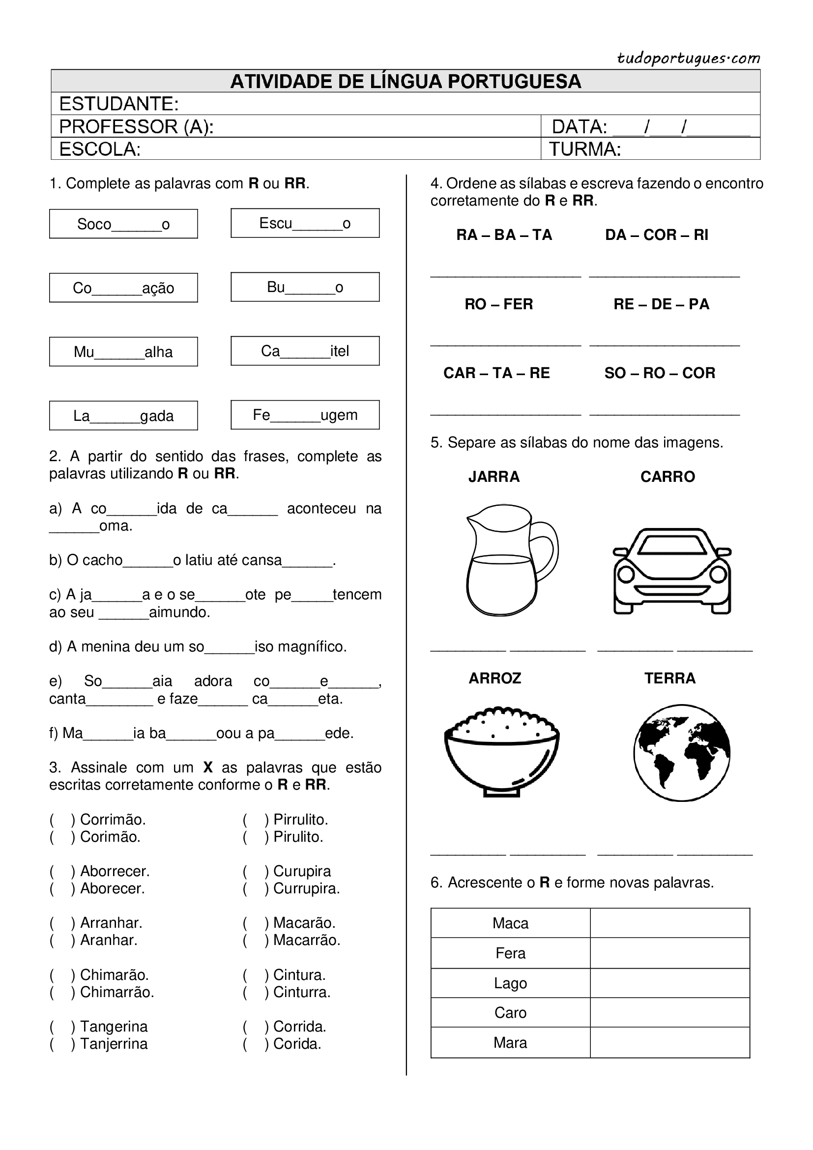 Atividade de Ortografia 4 e 5 ano