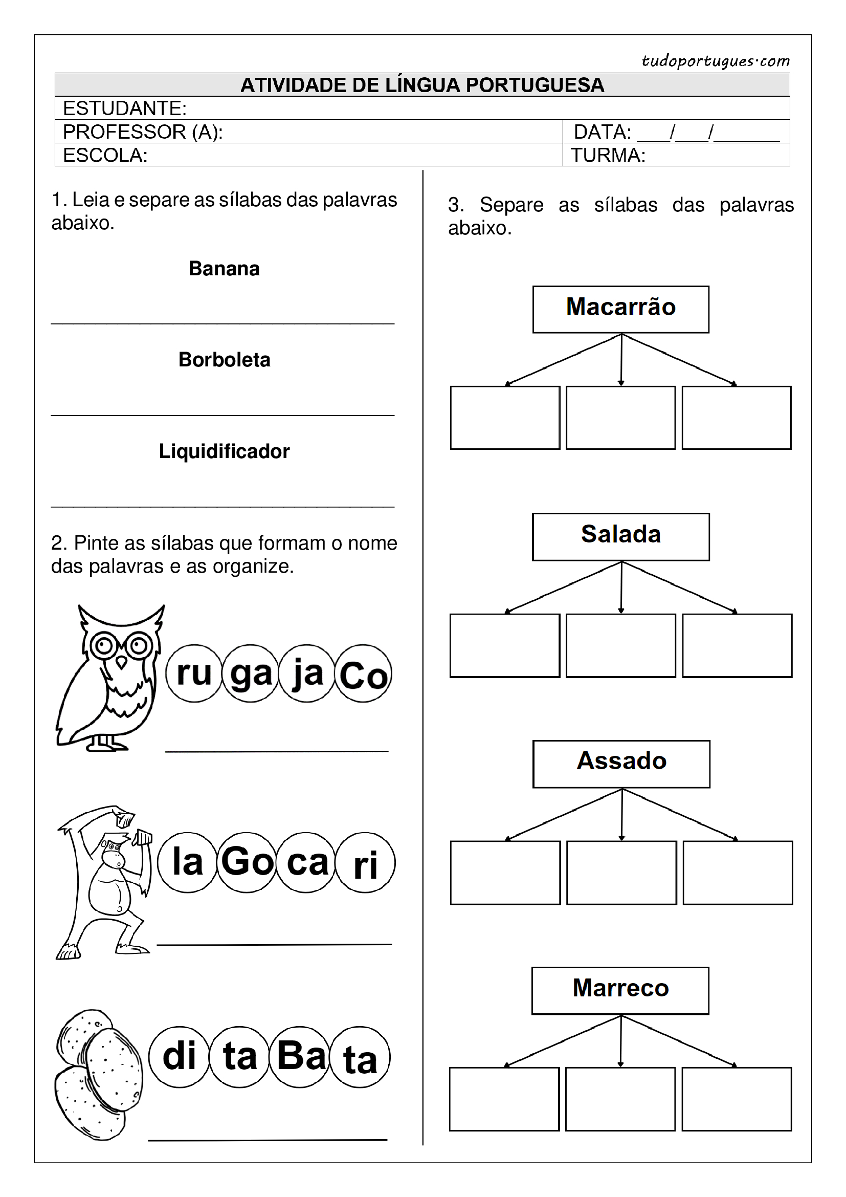 Atividades de Separação das Sílabas