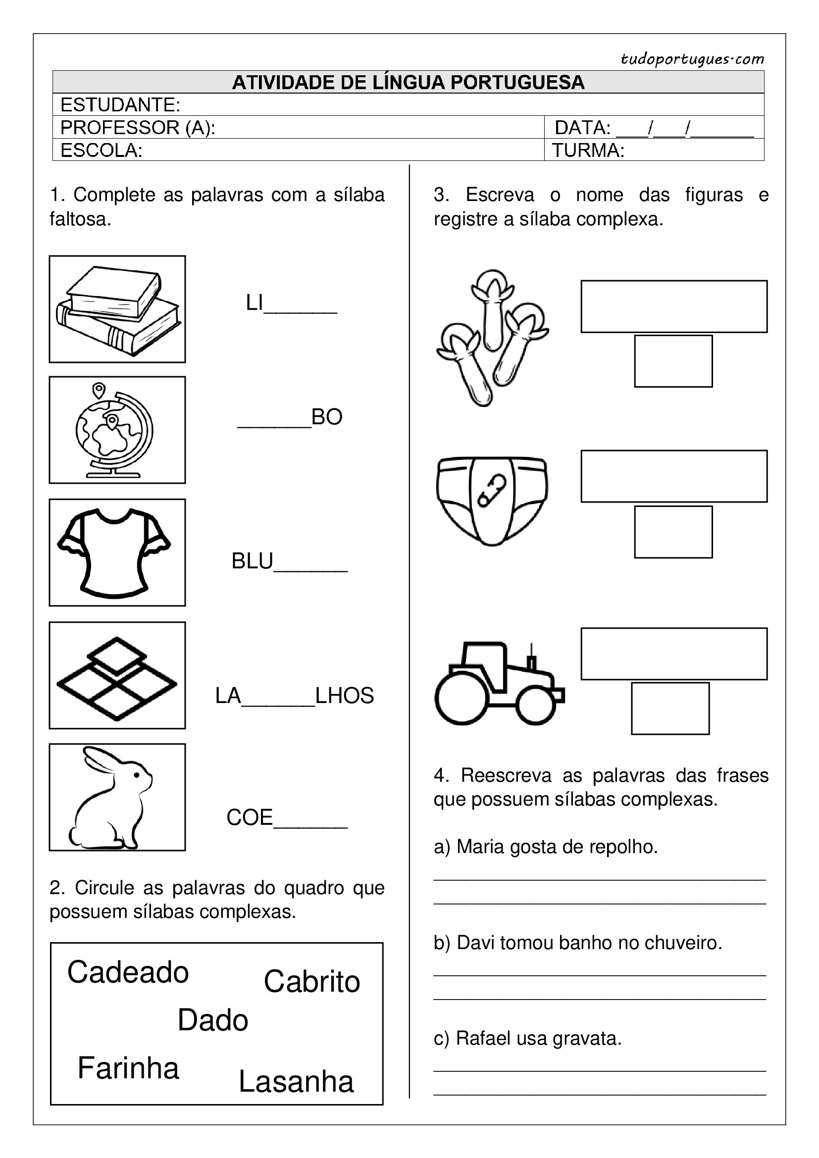 Atividades Sílabas Complexas - 1º ano