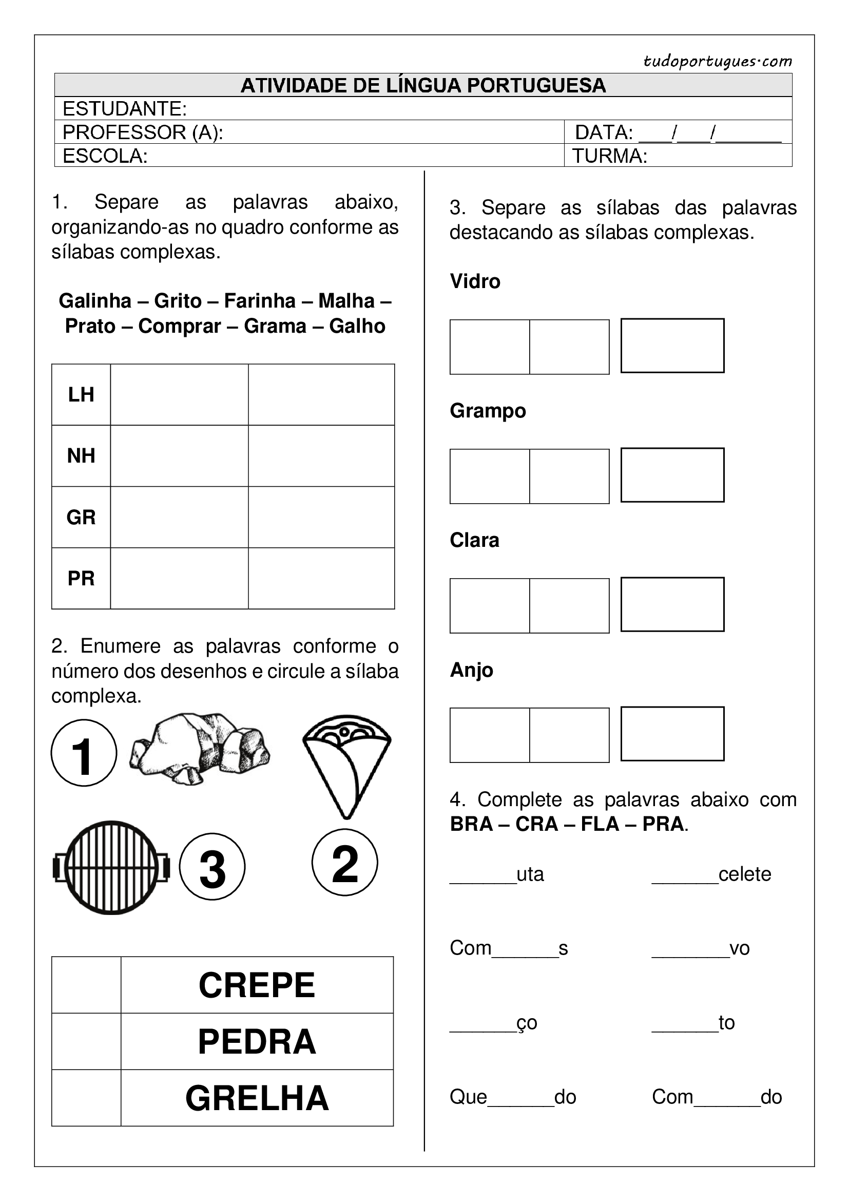 Atividades Sílabas Complexas - 1º ano