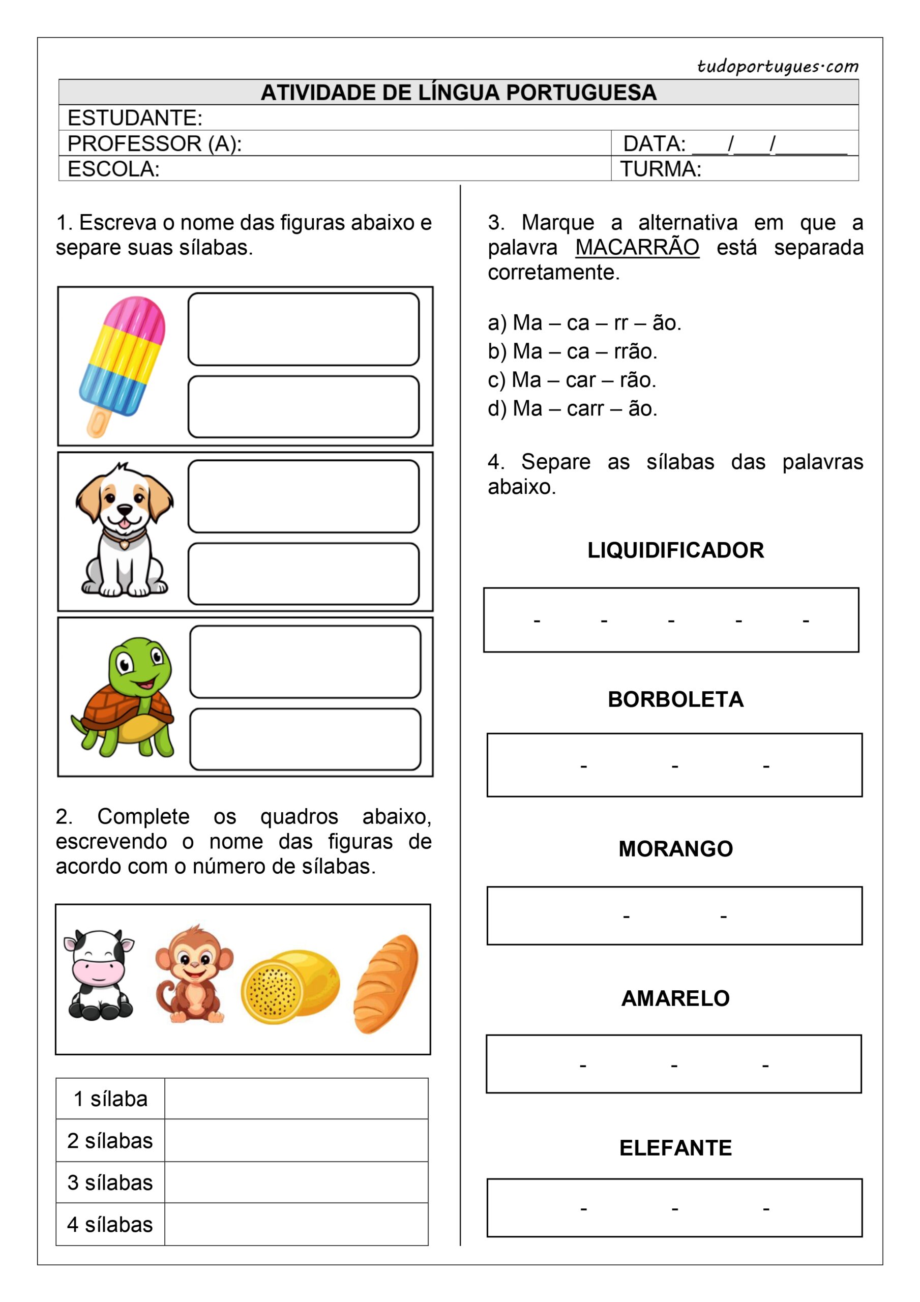 atividade de separação de sílabas