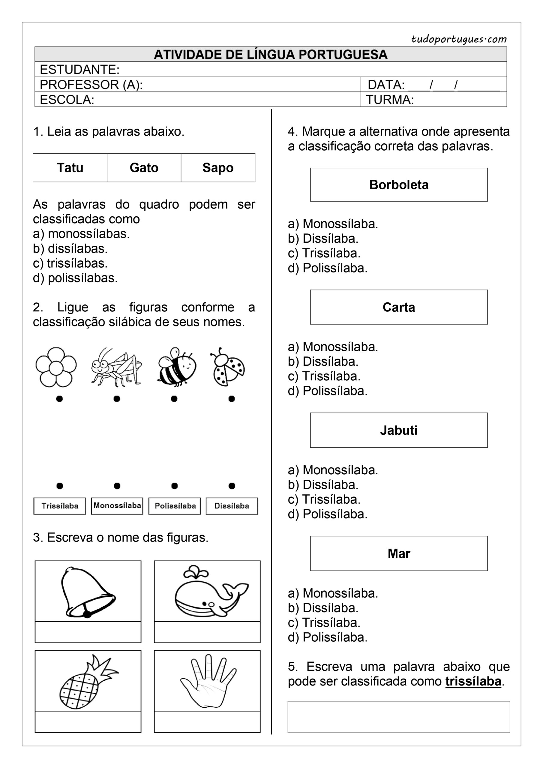 atividade de separação de sílabas