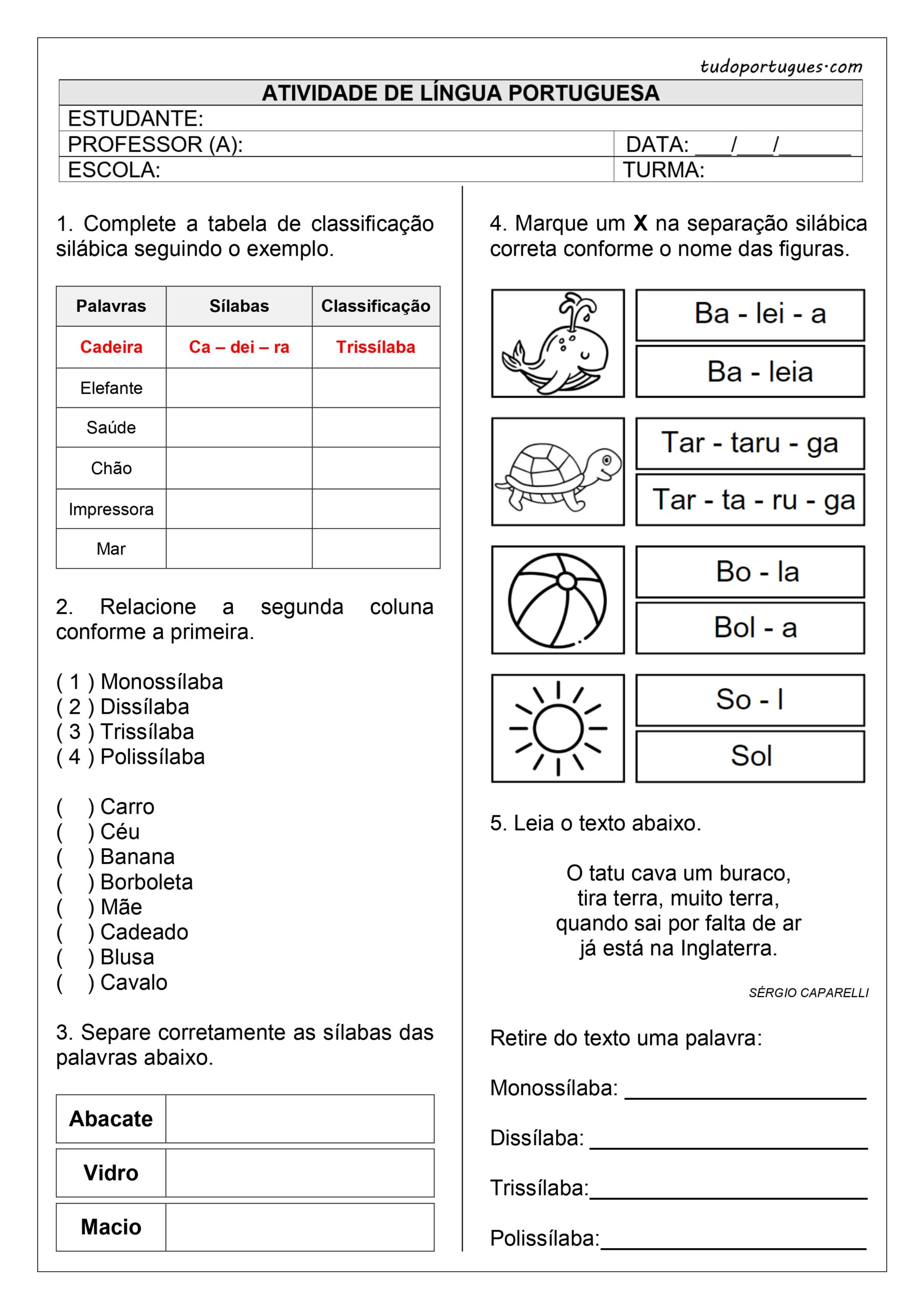 atividade de separação de sílabas