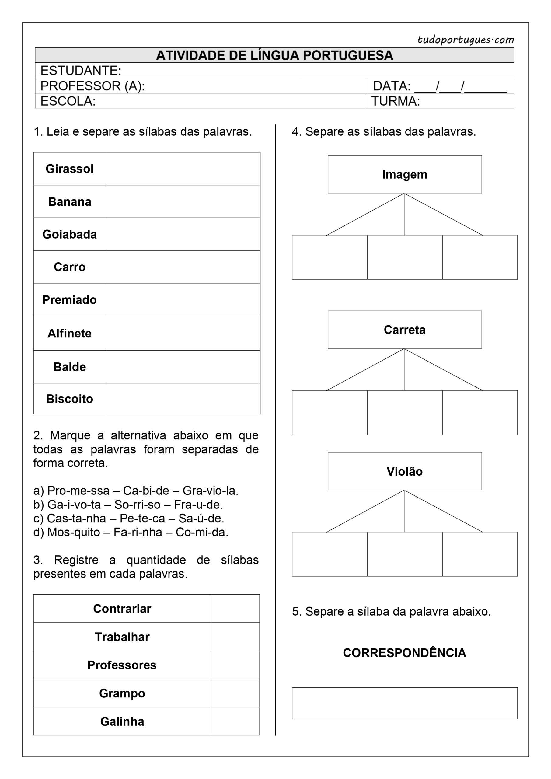 Separação de sílabas para 3° ano