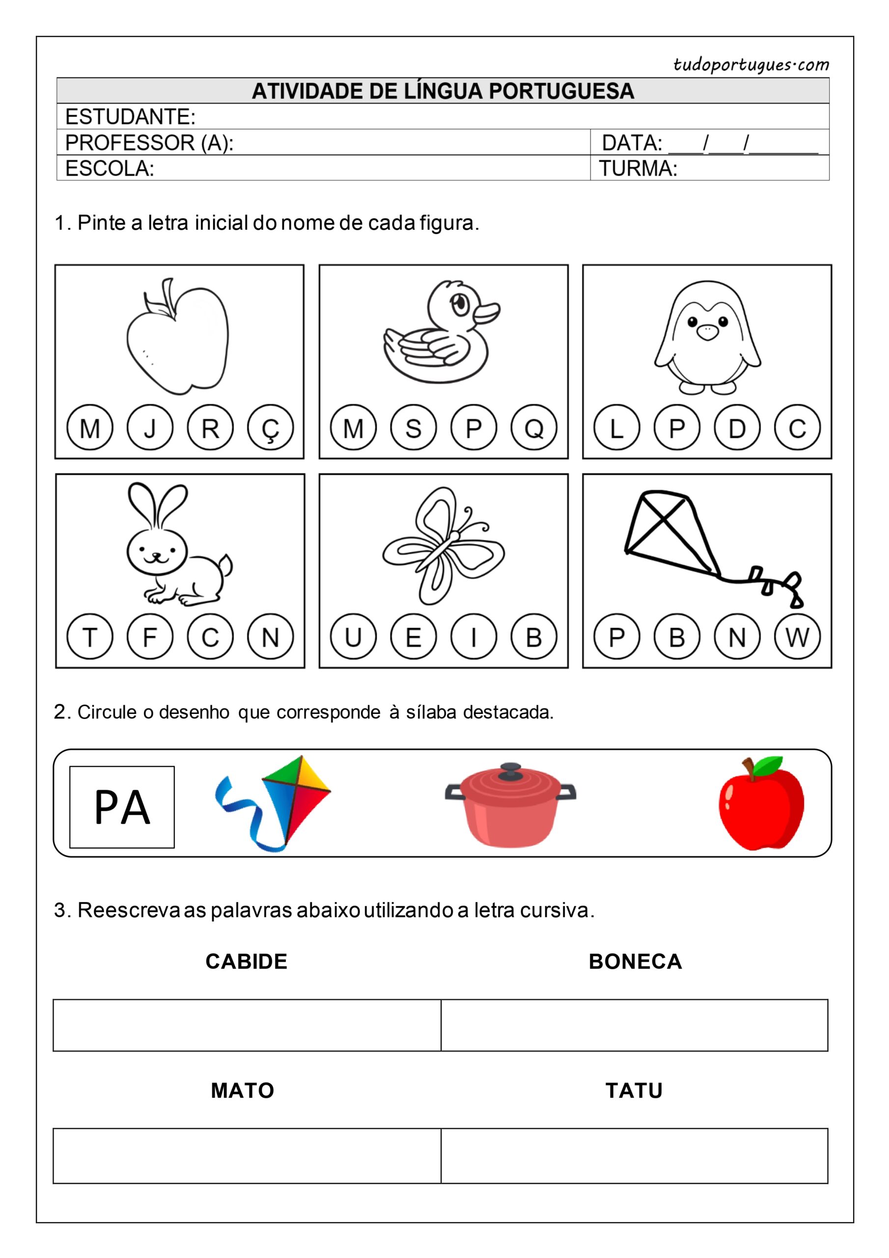 Atividade tipos de letras para 1° ano